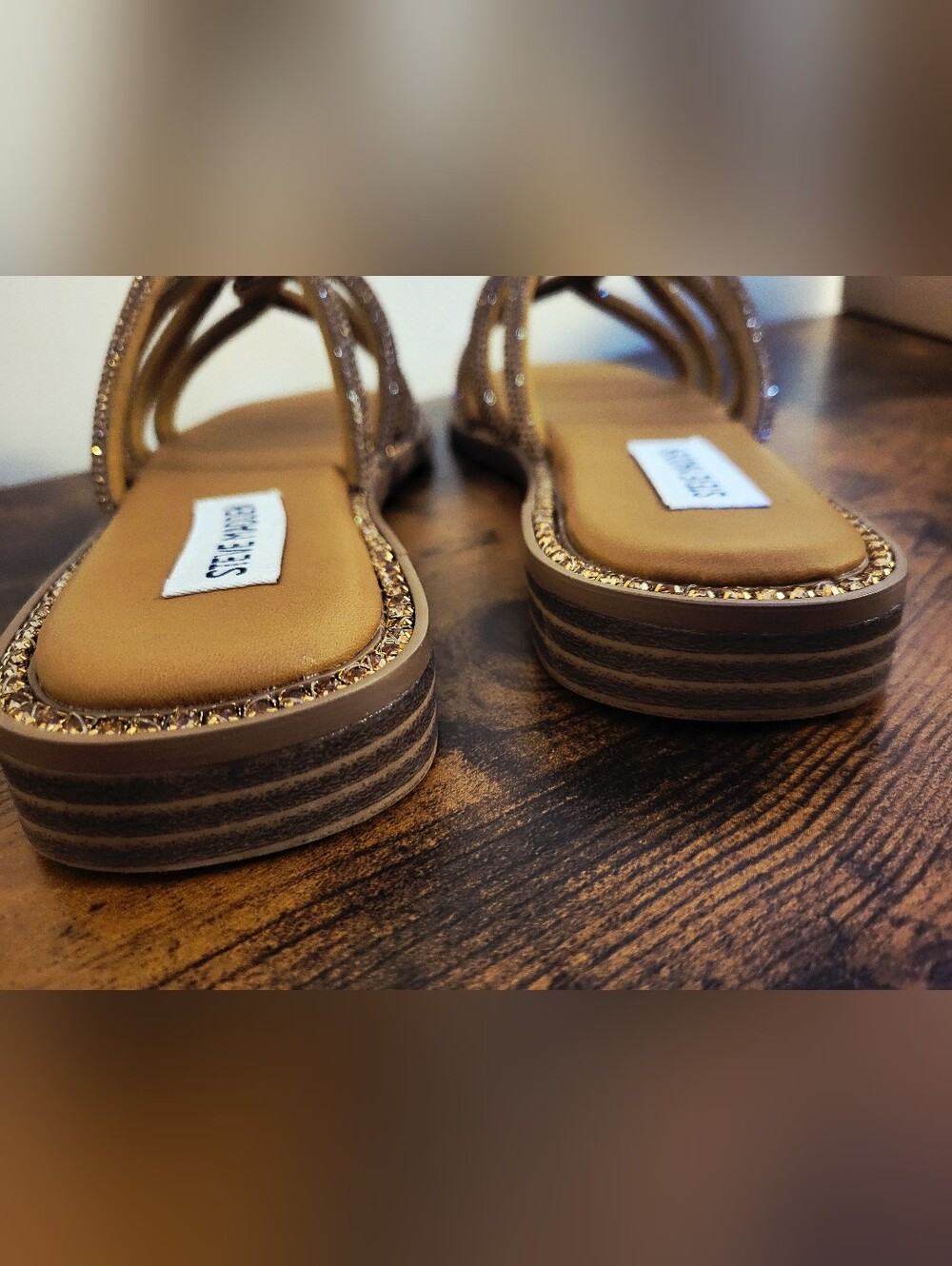 Steve Madden Gold Rhinestone Strappy Slide Sandals - Picture 8 of 11